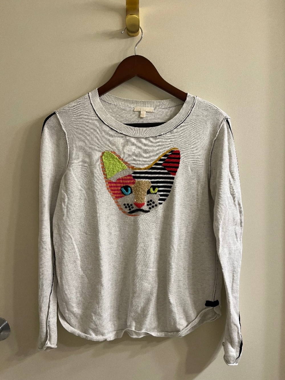 Lisa Todd Womens Size M Kool Kat Patchwork Cat Off White 100% Cotton Sweater Top